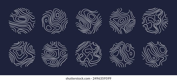 Circular wood rings or topographic map lines texture set. Wood tree topographic abstract lines collection flat style design vector illustration contour isolated pattern design.