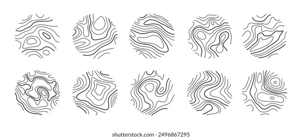 Circular wood rings or topographic map lines texture set. Wood tree topographic abstract lines collection flat style design vector illustration contour isolated pattern design.