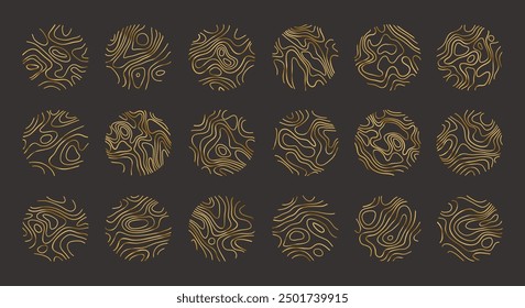 Circular wood rings or topographic map lines texture set. Wood tree topographic abstract lines collection flat style design vector illustration contour isolated pattern design.