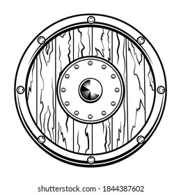 Ilustración circular de vectores de escudo de madera. Antiguo arma de protección medieval, accesorio de caballeros escandinavos. Concepto de historia o batalla para plantillas de tatuajes o emblemas de roles