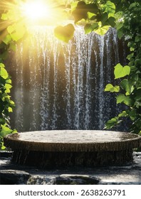 Circular Wooden Table Surface with Bright Tea Plantation Scene - Top View Wooden Round Table with Blurry Green Tea Hills - Wood Table Top Over Blurred Nature – Tea Farm and Blue Sky