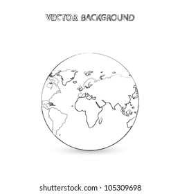 Circular World Map Outline – Minimal Black-and-White Vector with Stylized Continents and Label. A minimalist black-and-white line drawing of the world map enclosed within a circular frame. The design features simplified outlines of major continents including North America, South America, Europe, Africa, Asia, and parts of Australia. The top of the image includes the label "VECTOR BACKGROUND" in a stylized font. This clean and abstract representation is ideal for use in educational materials, global branding, infographic layouts, and geographic-themed design projects. Suitable for both commercial and editorial use across print and digital platforms.