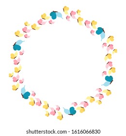 circular wreath with butterflies. oval round frame. Greeting card. Butterfly pink blue red on white background. Vector. Copy space banner.Background template