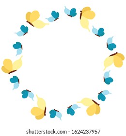 circular wreath with butterflies. oval round frame. Greeting card. Butterfly pink blue red on white background. Vector. Copy space banner.Background template