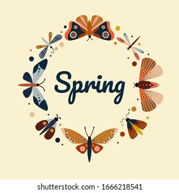 Circular wreath with butterflies. Round frame. Greeting card. Butterfly. Vector. Card happy birthday, invitation card. Flyer banner. Background template. Spring butterflies.