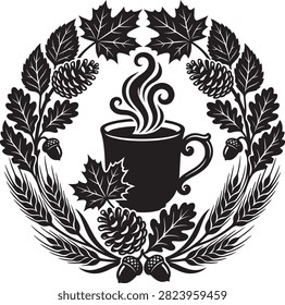 A circular wreath composed of autumn leaves, pine cones, acorns, and wheat stalks surrounding a steaming cup of hot beverage, black silhouette