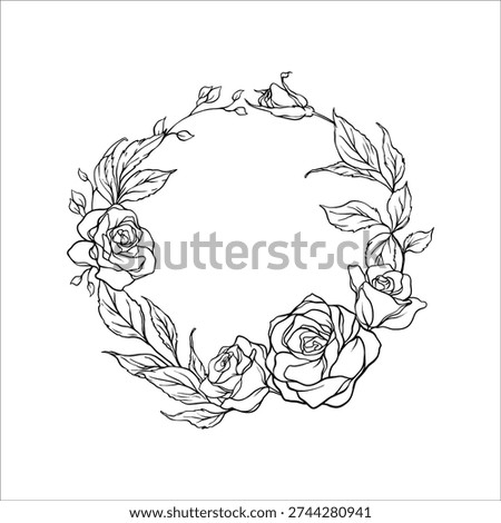 Circular wreath composed of blooming roses and layered leaves arranged in a balanced botanical composition. Fine black line illustration with visible petal texture and organic curves, isolated on white background for decorative and design purposes