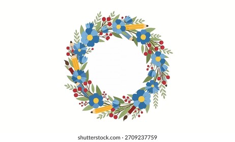 Uma coroa circular composta de flores azuis, folhas verdes, frutos vermelhos, lápis e pincéis. O desenho é colocado sobre um fundo branco.