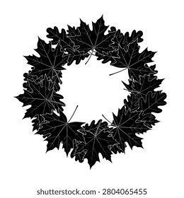 A circular wreath composed of dark, silhouetted maple leaves, creating a natural and seasonal frame.