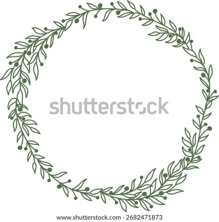 A circular wreath composed of delicate leaves and small berries in a clean line style. The design forms a graceful border with intricate foliage details. Cartoon vector illustration.