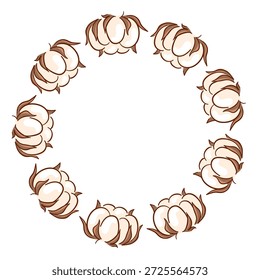 Corona circular con bollo de algodón en estilo plano. Marco con centro vacío para marca natural, embalaje, diseño textil e invitación de boda.