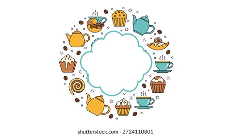 Marco de corona circular compuesto de varios Elementos de café y té, incluyendo tazas, ollas, magdalenas y frijoles alrededor de un espacio central en forma de nube.