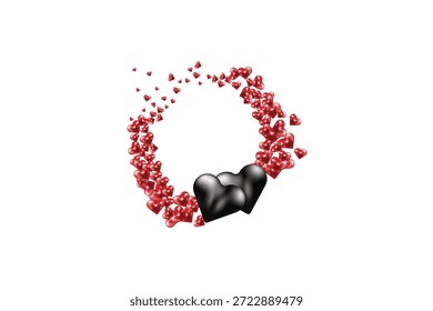 Circular wreath frame made of small red 3D hearts with two  black large center hearts for your speacial day and valentine featuring on white or transparent background