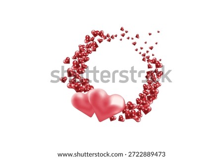 Circular wreath frame made of small red 3D hearts with two large center hearts for your speacial day and valentine featuring on white or transparent background