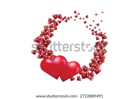 Circular wreath frame made of small dark red 3D hearts with two red large center hearts for your speacial day and valentine featuring on white or transparent background
