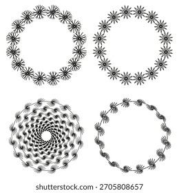 Circular wreath frames. Abstract star pattern. Dynamic loop Vector set. Black line graphic.