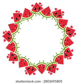 A circular wreath illustration made of cute watermelon slice mascots showing love and affection with heart shapes. Ideal for romantic summer designs, wedding stationery, or party decor.
