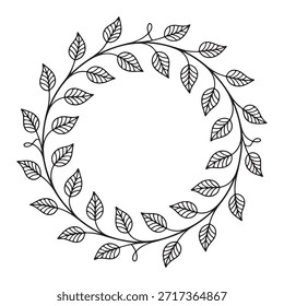 Corona circular de hojas y ramas en estilo de arte de línea Palabras claves: corona, circular, marco, borde