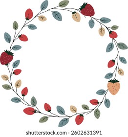 A circular wreath made of branches with strawberries and leaves in various colors.
