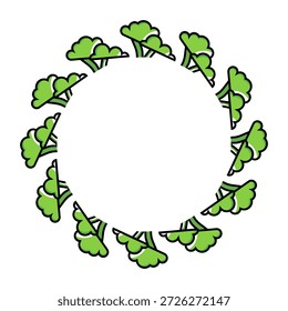Corona circular hecha de flores de brócoli de estilo de dibujos animados con hojas verdes. Ideal para diseños, etiquetas y estilos de vida saludables con temática alimentaria