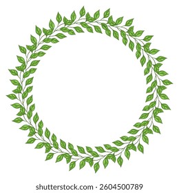 A circular wreath made of green leaves, creating a natural and fresh frame. The leaves are detailed and vibrant, arranged symmetrically around the circle.