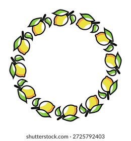 Circular wreath made of stylized lemons and green leaves. Perfect for summer-themed invitations, labels, and decorations
