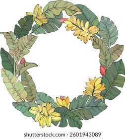 circular wreath made of Tropical vector banana palm leaves background