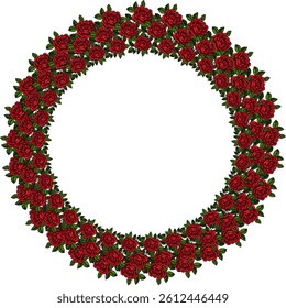 A circular wreath made of vibrant vector red roses and green leaves, creating a decorative frame. The background is white, emphasizing the floral design.