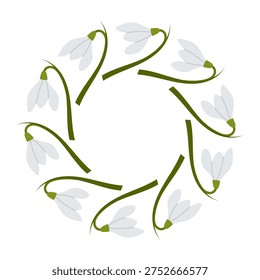 Circular wreath made of white snowdrop flowers and green stems. Spring botanical frame symbolizing the beginning of spring and nature awakening.