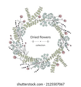 Circular wreath pattern of dried flowers lavender, eucalyptus, gomphrena. Postcard concept with place for text.