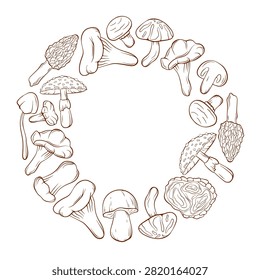 Circular wreath with various edible and inedible mushroom in line art style. Forest harvest concept. Illustration for greeting card, banner, invitation.