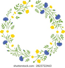 Circular wreath of yellow buttercups and blue cornflowers with green leaves, isolated on a white background, flat