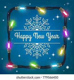 Circular xmas electric lamp garland. Realistic christmas lights vector background.