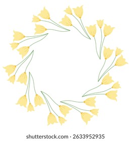 Circular yellow border with decorative foliage and tulips. Elegant botanical vector artwork ideal for invitations, banners, and greeting cards