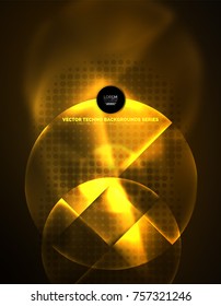 Circular yellow glowing neon shapes, techno background. Abstract shiny transparent circles on dark technology space
