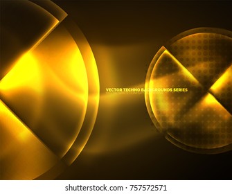 Circular yellow glowing neon shapes, techno background. Abstract shiny transparent circles on dark technology space