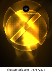 Circular yellow glowing neon shapes, techno background. Abstract shiny transparent circles on dark technology space