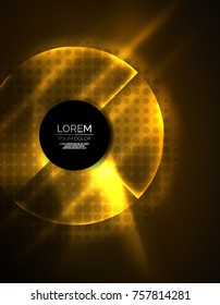 Circular yellow glowing neon shapes, techno background. Abstract shiny transparent circles on dark technology space