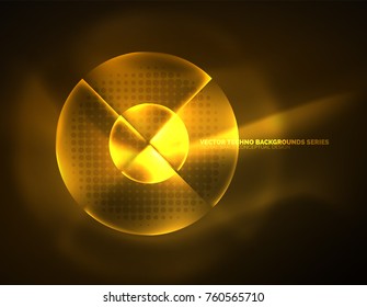 Circular yellow glowing neon shapes, techno background. Abstract shiny transparent circles on dark technology space