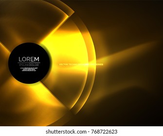 Circular yellow glowing neon shapes, techno background. Abstract shiny transparent circles on dark technology space