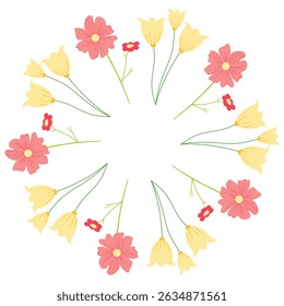 Circular yellow and red border featuring stylized tulips and other flowers. Elegant botanical vector artwork suitable for greeting cards, banners, and event invites