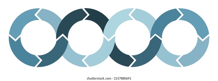 Giro de flecha de circulación, 4 círculos unidos en infografía de cinta. Color de acero azul sobre fondo blanco, ilustración vectorial.