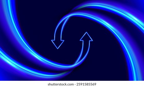 Circulation arrows in motion. Up and down trends. Futuristic 3D neon style. Business, personal growth, quick result. Innovation technology and finance.  