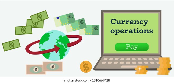 The circulation of banknotes along the world. Currency exchange, online payments, online paying, transaction . Vector illustration.