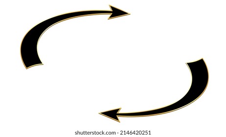 Circulation and rotation isometric concept with black cyclic arrows in golden contour and copy space between them isolated on white. Vector design element.