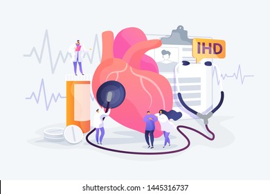 Circulatory system complications. Cardiologists studying human organ. Heart disease, ischemic heart disease, coronary artery disease concept. Vector isolated concept creative illustration