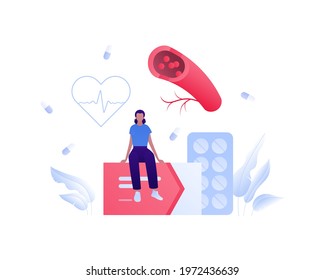 Circulatory system disease concept. Vector flat medical people illustration. Female character sitting on box of pill. Blood vessel, heartbeat, and medicine symbol. Design for health care, pharmacy.