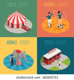 Circus 2x2 design concept with tent acrobats ticket cashier trailer and elephant trainer square compositions isometric vector illustration