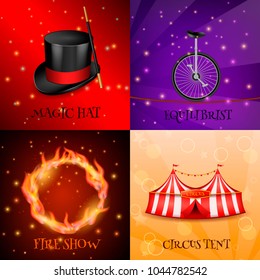 Circus 2x2 realistic 3d design concept with four backgrounds for magic show colourful images and text vector illustration