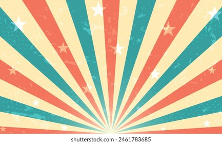 Circus, Abstract Retro Background with Colorful Burst and Stars, Vintage Poster, Striped, Grunge Texture, 60s, 70s, Vector Illustration